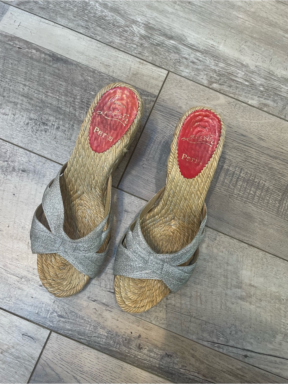 Christian Louboutin Silver Metallic Woven Slide Mules
